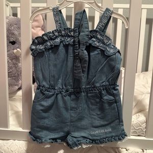 Calvin Klein Jeans baby girls 24M blue denim romper 3pc set headband